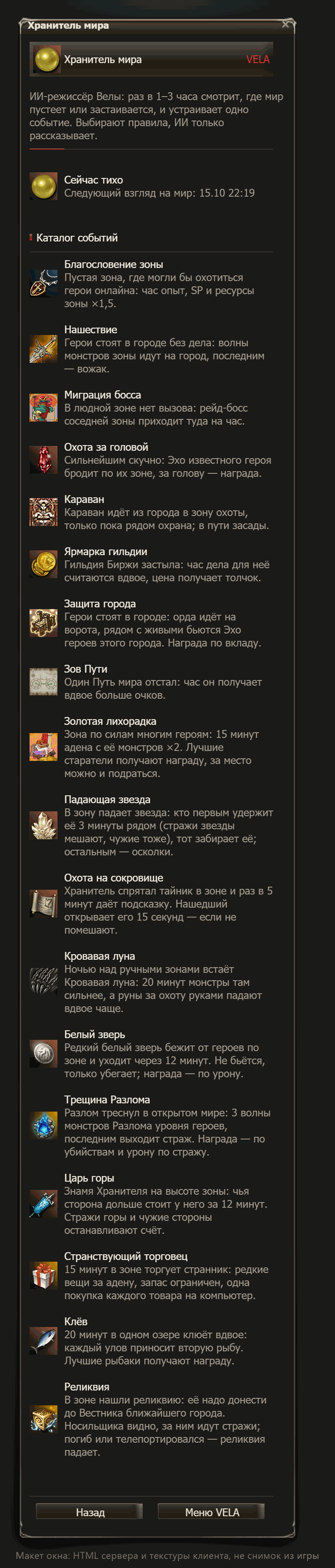 Window mock-up (Russian UI, not an in-game screenshot): the "World Warden" window — current event, story and progress
